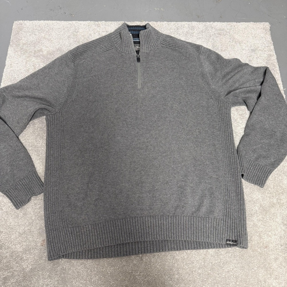 Eddie Bauer Sweater Mens Large Gray Quarter Zip Mock Neck Pullover Knit Ribbed